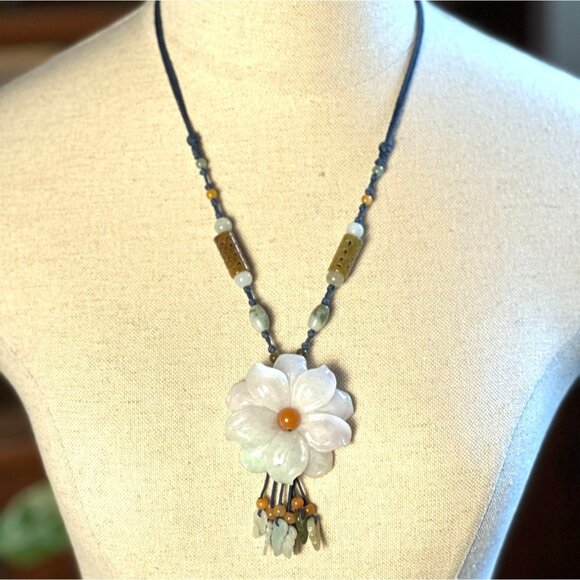 Jadeite Flower Pendant Necklace, Vintage Adjustable Cord Jewelry - Picture 1 of 10